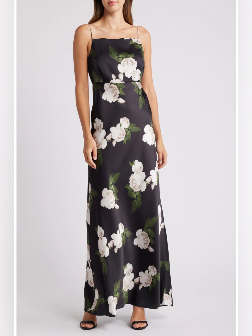 Sachin & Babi Shyla Maxi Slip Dress Satin Crepe Gown Black Floral Square Neck 10